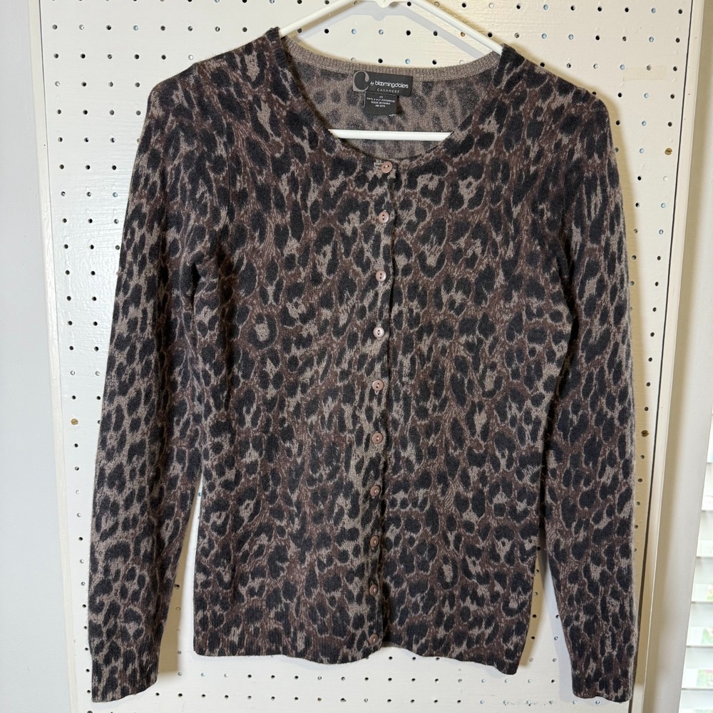C by Bloomingdale's Cardigan Womens XS Brown Leopard Print 2 Ply-Cashmere Button